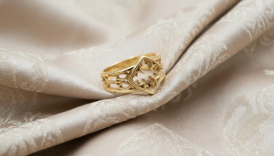 Detailed view of the ring's texture, showing the stippled, hammered finish inside the recessed arches. This "granulation" effect adds a raw, artisan quality to the piece, distinguishing it from mass-produced jewelry. The 925 sterling silver has been treated with sulfur to achieve a permanent dark patina in the low points, ensuring the architectural pattern remains visible even with daily wear. The metal looks solid and durable, suit (etsy image id: 6980758746)
