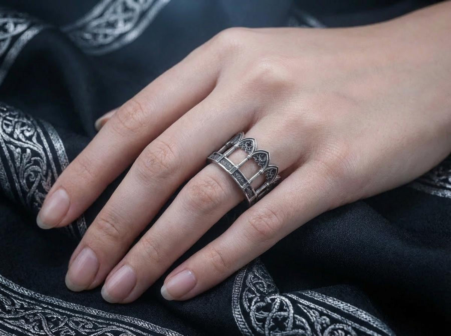 Sterling Silver Gothic Ring, Vintage Ring, Engagement Ring, Handmade Medieval Jewelry, Mens Ring, Unique Womens Gift, Gift Idea, Unique Ring, This angle demonstrates the "openwork" illusion of the design. While the ring is a solid band, the deep relief casting creates the appearance of a hollow gallery or walkway. The repetition of the arches is mathematically precise, mirroring the rhythm of a Gothic nave. It showcases a mastery of arc (etsy image id: 7305776203)