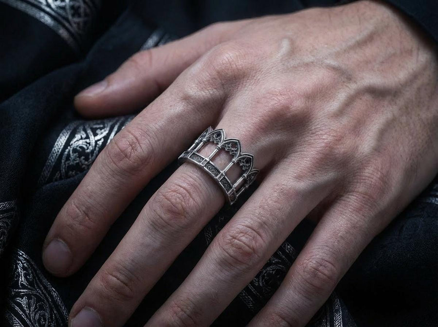 Sterling Silver Gothic Ring, Vintage Ring, Engagement Ring, Handmade Medieval Jewelry, Mens Ring, Unique Womens Gift, Gift Idea, Unique Ring, This angle demonstrates the "openwork" illusion of the design. While the ring is a solid band, the deep relief casting creates the appearance of a hollow gallery or walkway. The repetition of the arches is mathematically precise, mirroring the rhythm of a Gothic nave. It showcases a mastery of arc (etsy image id: 7305776203)