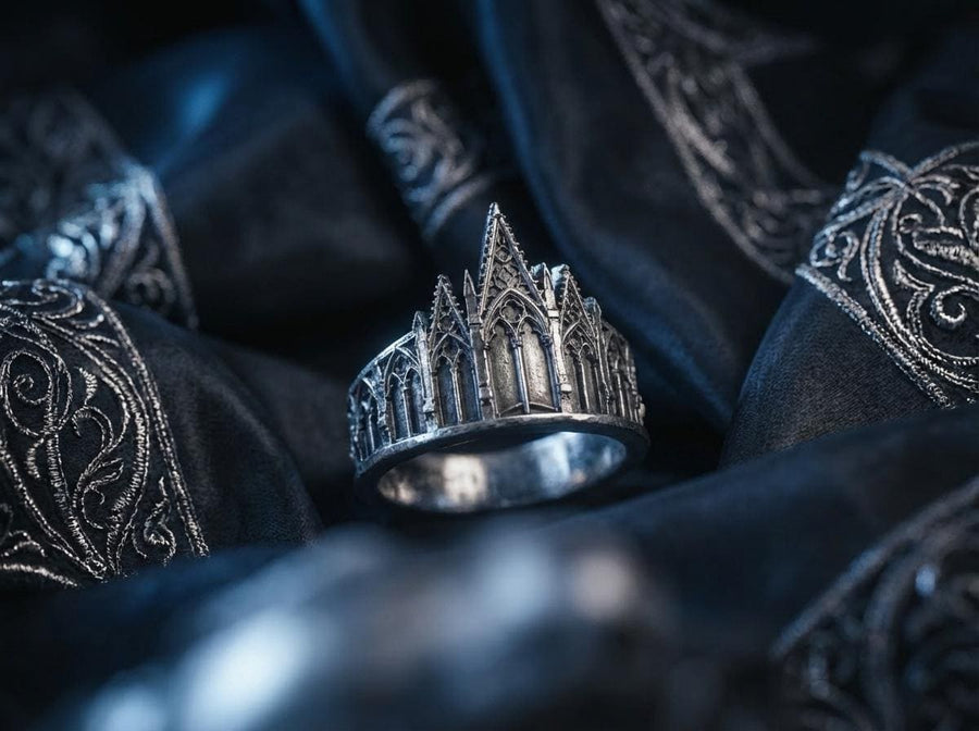 We have rings for people who love to explore the great outdoors, as well as those who love to stay in. With memories and kindness. The image highlights the "chiselled" quality of the 925 sterling silver. The ridges of the rooflines and pillars are sharp and defined, while the background surfaces have a textured, grainy finish like limestone. The oxidation is applied carefully to the "windows" and "doors" of the cathe (etsy image id: 4211827296)