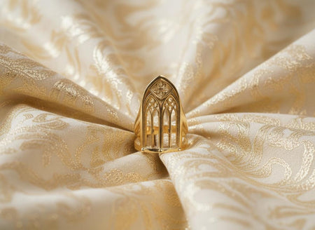 The Window ring is reimagined in 14k Yellow Gold. The transformation turns the "Stone Arch" into a "Sunlit Frame." The warm metal makes the vertical bars look like the gilded screen of a choir loft. This version feels warm, holy, and optimistic, perfect for a wearer who seeks to bring a little bit of "golden hour" light into their daily life. (etsy image id: 7500319281)