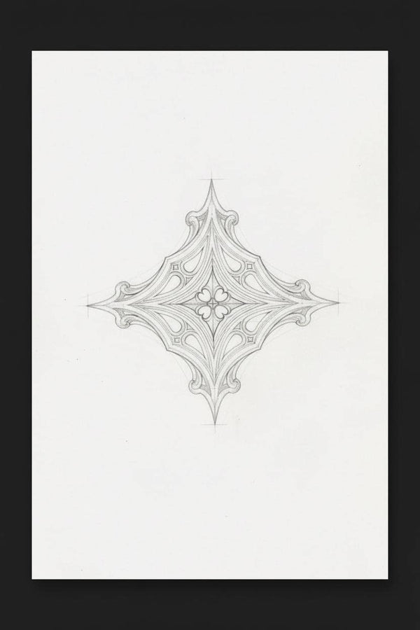 A cinematic studio shot of a matching two-piece ring set on dark velvet. The top ring stands upright, featuring a diamond-shaped face with a four-pointed star design and a small, round black stone in the center. The bottom ring lies flat, displaying a wide band with a repeating pattern of the same star/cross motif connected by swirling filigree. The silver is polished on the ridges and dark in the background.