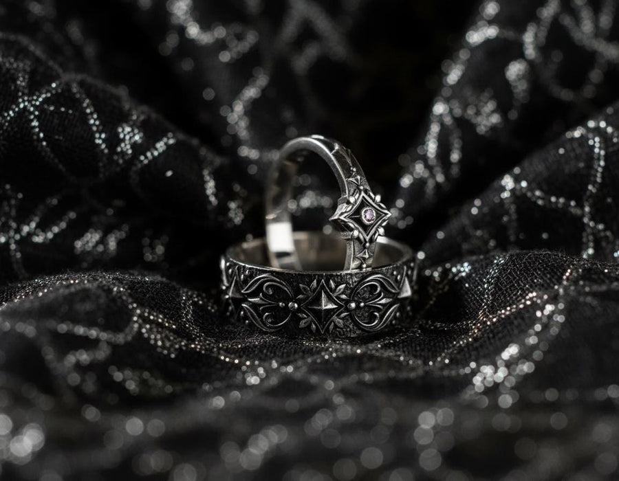 Gothic Sterling Silver Wedding Ring Set: Black Texture, Gemstone Accent __etsy:7424901857