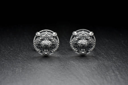 Sterling Silver Tiger Head Cufflinks, Handmade Animal Jewelry, Oxidized Finish (etsy image id: 7759071132)