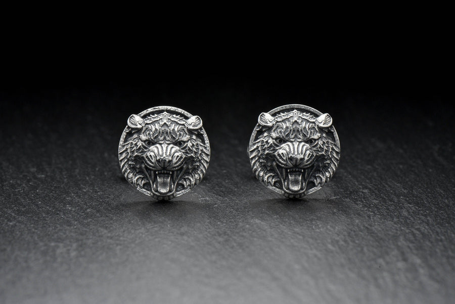 Sterling Silver Tiger Head Cufflinks, Handmade Animal Jewelry, Oxidized Finish (etsy image id: 7759071132)