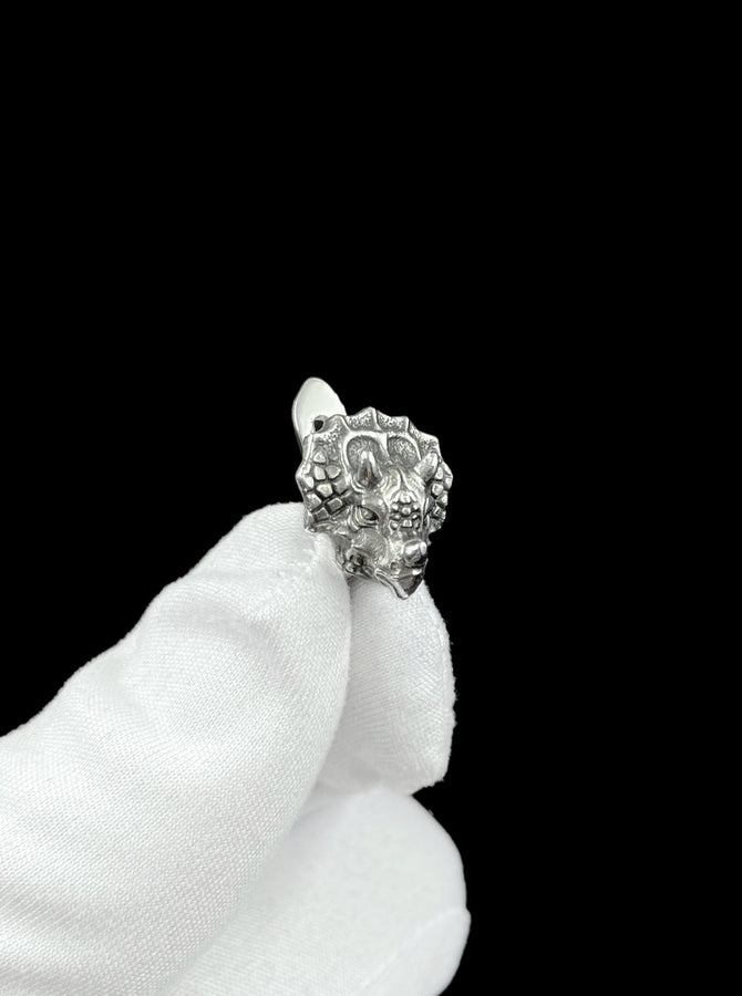 These silver triceratops head stud earrings bring prehistoric charm into a refined, wearable form. Crafted from real silver with intricate detailing, each piece captures the lifelike texture and strength of this iconic dinosaur in a subtle yet striking design. (etsy image id: 7981434428)