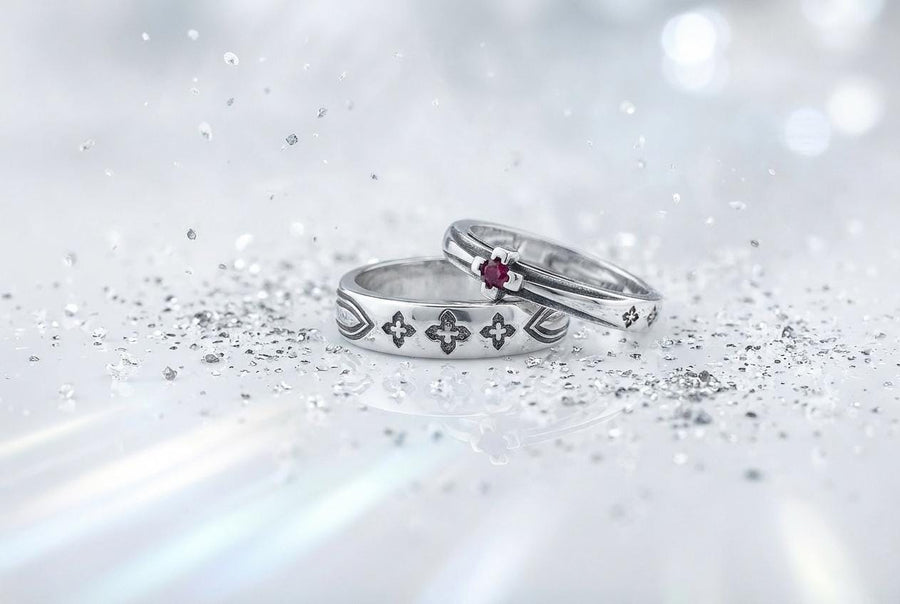 A high-resolution studio shot of a matching sterling silver gothic wedding ring set resting on a sparkling, white surface scattered with tiny crystals. The beautiful set includes a wide men's band and a narrower engagement ring centering a vibrant round red ruby. Both rings feature precisely polished medieval quatrefoil motifs four-lobed geometric shapes set against a deeply oxidized, stippled dark grey background, beautifully highlighting th