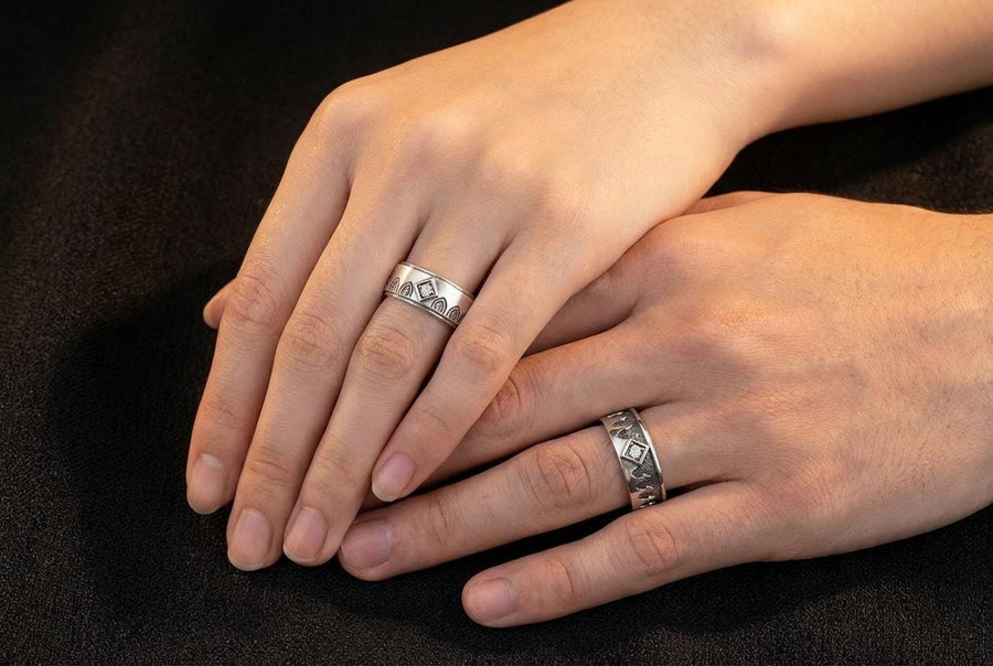 Bathed in soft, romantic light against elegant white silk, this alternative bridal set perfectly balances dark gothic architecture with traditional wedding luxury. The rings evoke a mysterious, dark academia atmosphere, capturing the timeless beauty of ancient stone cathedrals and eternal devotion. Designed for modern couples who appreciate history and non-traditional aesthetics, this matching wedding set is a profound symbol of a love story root (etsy image id: 7928015292)