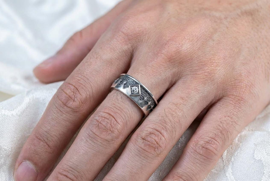 Bathed in soft, romantic light against elegant white silk, this alternative bridal set perfectly balances dark gothic architecture with traditional wedding luxury. The rings evoke a mysterious, dark academia atmosphere, capturing the timeless beauty of ancient stone cathedrals and eternal devotion. Designed for modern couples who appreciate history and non-traditional aesthetics, this matching wedding set is a profound symbol of a love story root (etsy image id: 7928015292)