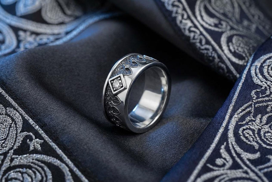 Bathed in soft, romantic light against elegant white silk, this alternative bridal set perfectly balances dark gothic architecture with traditional wedding luxury. The rings evoke a mysterious, dark academia atmosphere, capturing the timeless beauty of ancient stone cathedrals and eternal devotion. Designed for modern couples who appreciate history and non-traditional aesthetics, this matching wedding set is a profound symbol of a love story root (etsy image id: 7928015292)