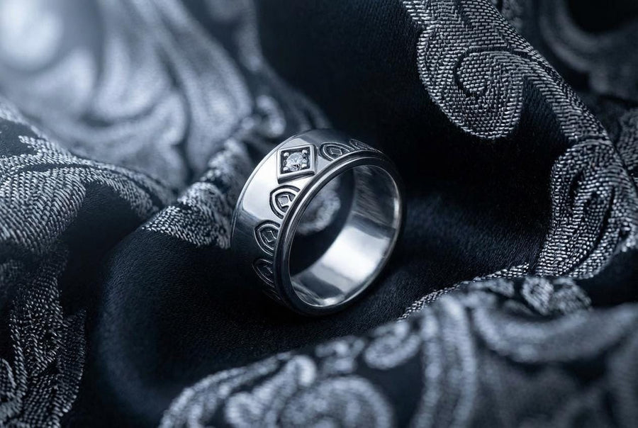 Bathed in soft, romantic light against elegant white silk, this alternative bridal set perfectly balances dark gothic architecture with traditional wedding luxury. The rings evoke a mysterious, dark academia atmosphere, capturing the timeless beauty of ancient stone cathedrals and eternal devotion. Designed for modern couples who appreciate history and non-traditional aesthetics, this matching wedding set is a profound symbol of a love story root (etsy image id: 7928015292)