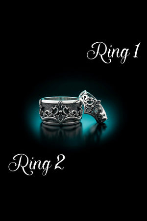 Gothic Wedding Ring Set, Sterling Silver Scrollwork Bands, Chevron V Shape Curved Ring, Alternative Bridal Jewelry, Dark Romance Couple Gift