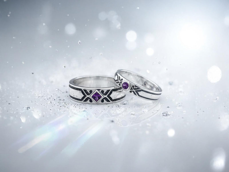 A professional studio photograph of a matching two-piece sterling silver wedding ring set. Both rings feature a prominent, raised Greek-style cross motif in the center, which holds a round, bezel-set white crystal. The interior of the cross arms has a fine, cross-hatched grid texture. Along the sides of the high-polished silver bands are recessed, four-lobed quatrefoil shapes. The rings are presented against a pitch-black background, making the p __etsy:8051335185