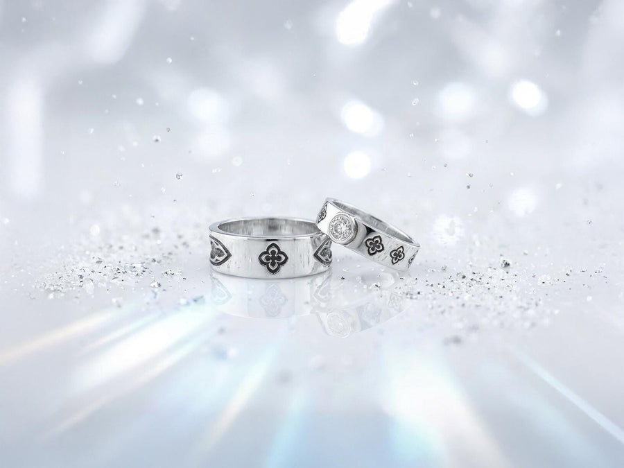 This dark academic ring set captures the mysterious romance of a medieval cathedral. Bright studio lighting highlights the polished silver rims, contrasting dramatically with the pitch-black sulfur oxidation in the carved quatrefoil recesses. Rich in gothic symbolism, the continuous quatrefoil motif represents the intersection of earth and heaven, mirroring the windows of ancient cathedrals. It serves as a profound talisman of eternal devotion an