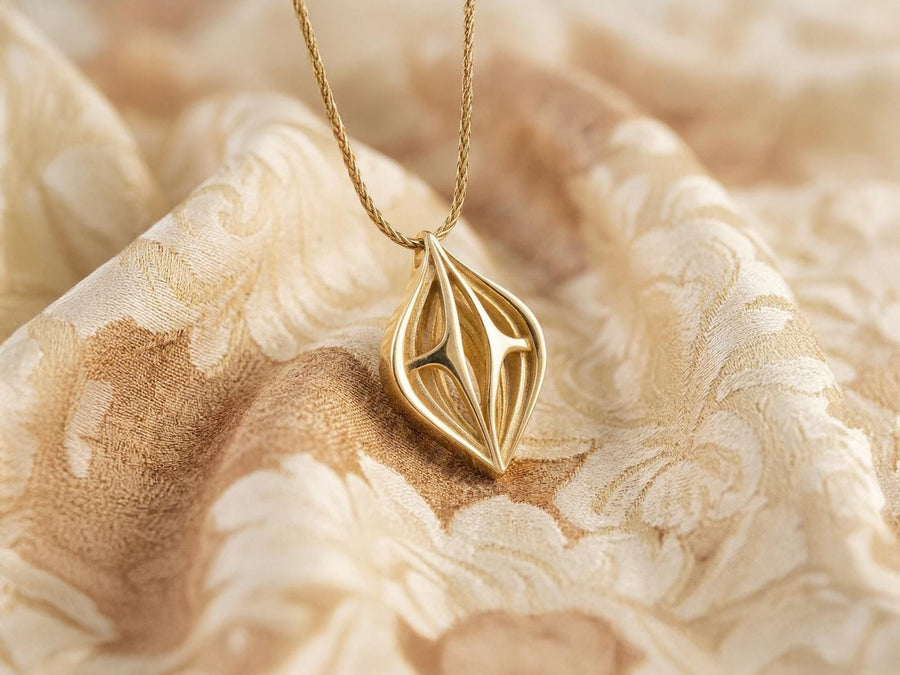 Atmospheric shot of a solid sterling silver alien artifact necklace, featuring sweeping organic geometric arches.