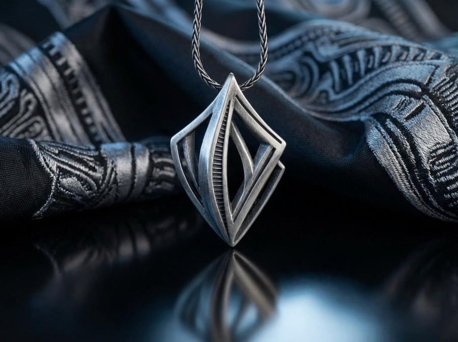 Dark sci-fi silver rhombus pendant glowing softly amid smoke, showcasing a 3D architectural design with parallel inner beams.