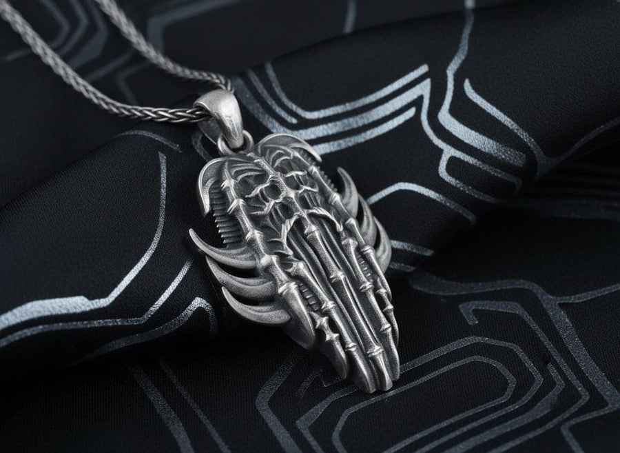 Close up of a man's hand holding a highly detailed gothic spine amulet, showing sharp silver claws and bone textures.