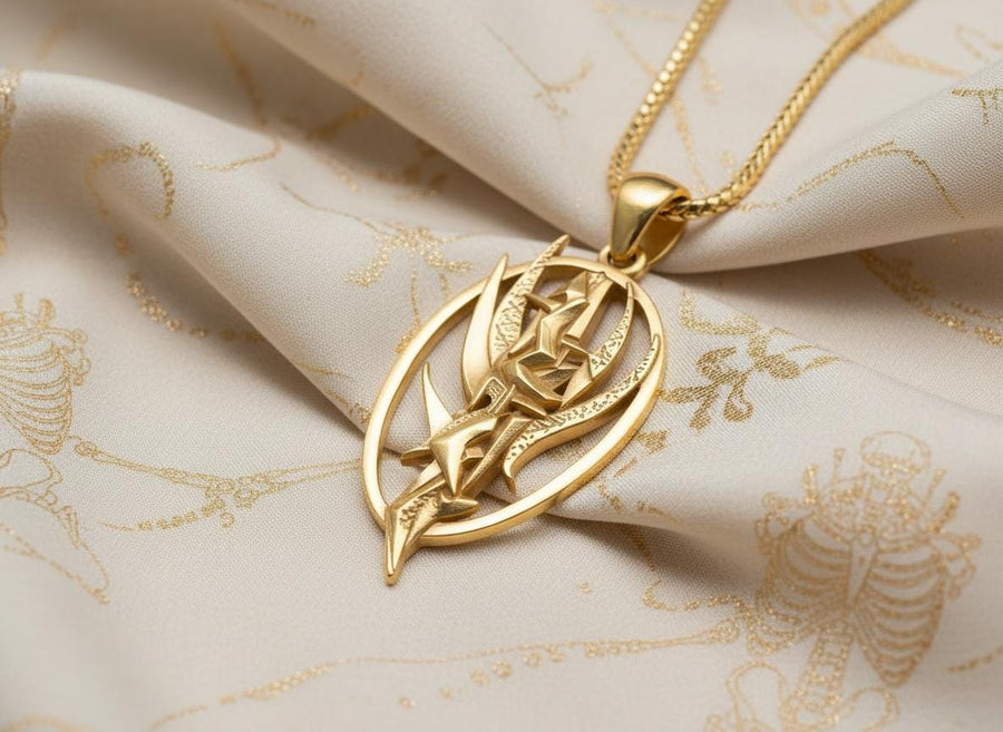 Silver dystopian techwear charm hanging on an anchor chain, emphasizing its rebellious asymmetrical design. A close-up studio photograph of a 925 sterling silver hieroglyph pendant resting on a dark patterned fabric. The avant-garde oval design features a sharp, geometric abstract symbol in the center, highlighted by a dark matte oxidized finish.