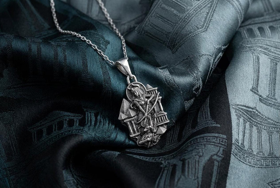 Designed as a substantial unisex statement piece, this highly detailed pendant is ideal for daily wear or as a specialized gift. The ancient aesthetic appeals strongly to lovers of history, mythology, and classic art deco styling.