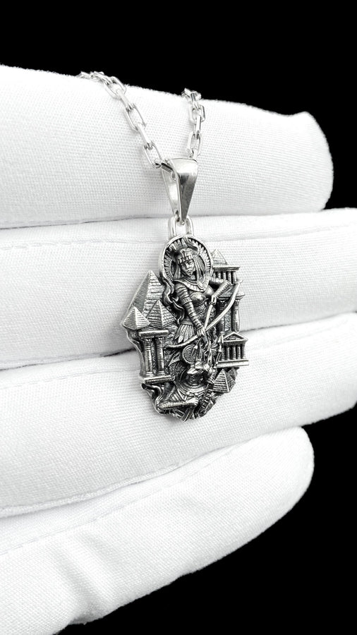 Designed as a substantial unisex statement piece, this highly detailed pendant is ideal for daily wear or as a specialized gift. The ancient aesthetic appeals strongly to lovers of history, mythology, and classic art deco styling.