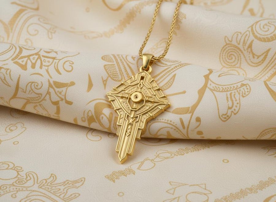 Solid 925 Sterling Silver with deep oxidized finish for architectural depth. Choose between Anchor or Foxtail chain to complete your look. Perfectly complements techwear styles with precise geometric lines. A close-up studio photograph of a 925 sterling silver robotic cross pendant resting on a dark reflective surface. The avant-garde design features mechanical circuitry pathways forming a cybernetic crucifix, highlighted by a dark matte oxidized