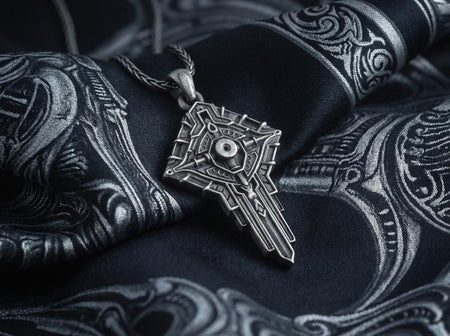 Solid 925 Sterling Silver with deep oxidized finish for architectural depth. Choose between Anchor or Foxtail chain to complete your look. Perfectly complements techwear styles with precise geometric lines. A close-up studio photograph of a 925 sterling silver robotic cross pendant resting on a dark reflective surface. The avant-garde design features mechanical circuitry pathways forming a cybernetic crucifix, highlighted by a dark matte oxidized