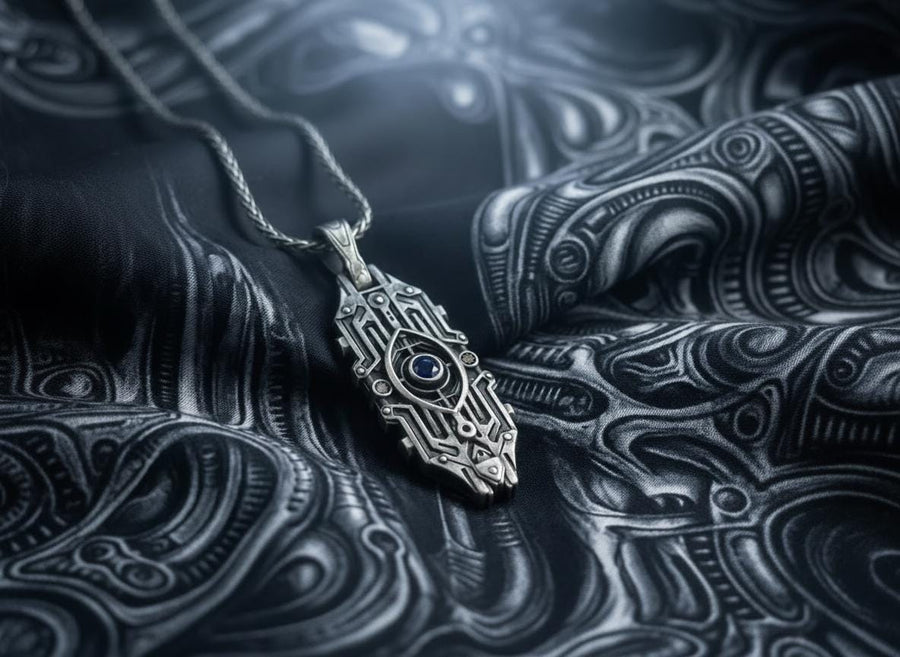 Intricate cyberpunk design inspired by high-tech circuitry and sci-fi artifacts. Exceptional silversmithing is evident in this oxidized silver avant-garde necklace. The relief work perfectly balances the sharp lines of the outer mechanical border with the central red gemstone core. A bold cyberpunk statement piece for alternative collectors.