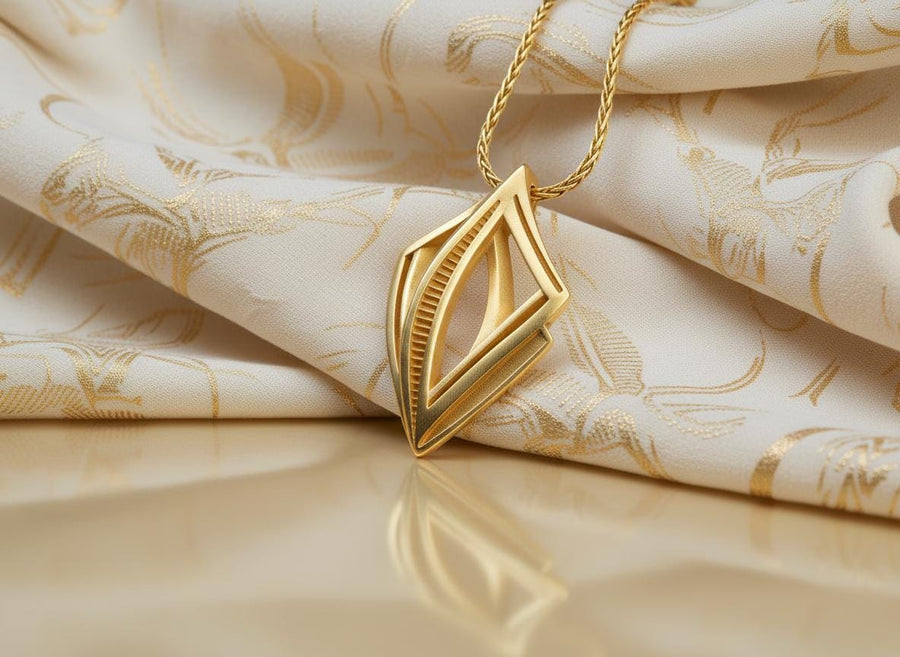 Dark sci-fi silver rhombus pendant glowing softly amid smoke, showcasing a 3D architectural design with parallel inner beams.