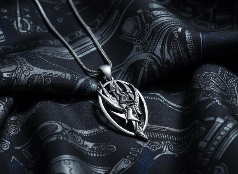 Silver dystopian techwear charm hanging on an anchor chain, emphasizing its rebellious asymmetrical design. A close-up studio photograph of a 925 sterling silver hieroglyph pendant resting on a dark patterned fabric. The avant-garde oval design features a sharp, geometric abstract symbol in the center, highlighted by a dark matte oxidized finish.