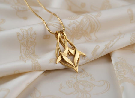 The deep oxidized finish enhances the contrast between the sweeping inner curves and the aggressive lateral spikes, creating an exceptionally lightweight yet powerful statement. A profound minimalist artifact crafted for those who are drawn to the mystique of dark romanticism and esoteric armor design. Reimagined in 18k solid yellow gold, this abstract avant-garde pendant transforms into a radiant sunlit artifact. The warm tones illuminate the sw