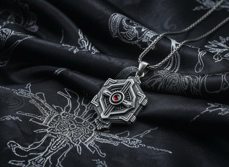 Cyberpunk silver hexagon pendant resting on a bare chest, showing a mechanical design centered around a blue stone.
