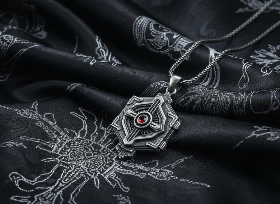 Cyberpunk silver hexagon pendant resting on a bare chest, showing a mechanical design centered around a blue stone.