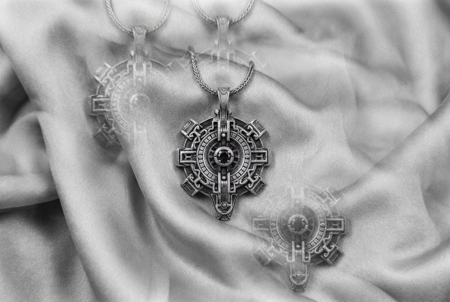 Unique cyber goth gear necklace for men, futuristic sci-fi jewelry with a customizable stone.