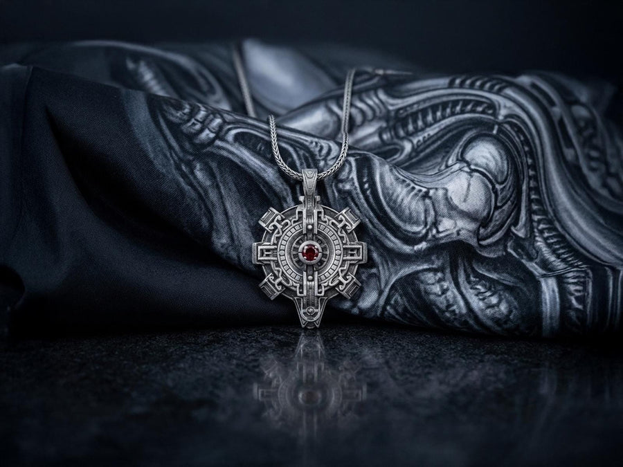 Unique cyber goth gear necklace for men, futuristic sci-fi jewelry with a customizable stone.