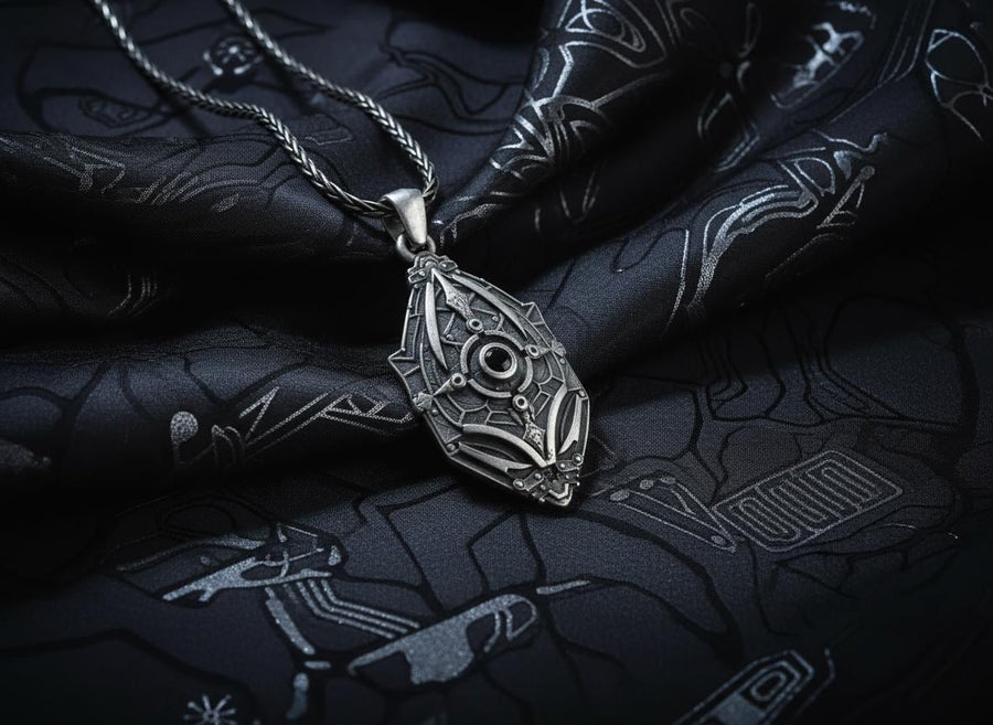 Unique artisan crafted silver armor necklace for men, fantasy sci-fi jewelry, A close-up studio photograph of a 925 sterling silver shield pendant resting on a dark reflective surface. The avant-garde design features geometric plating and a central circular core, highlighted by a dark matte oxidized finish. This striking artisan pendant captures the essence of futuristic armor.