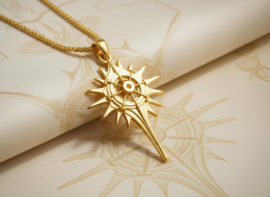 Man wearing a geometric dark fantasy starburst pendant on a silver chain against a black shirt. Celestial Star Silver Pendant for Men, Fantasy Compass Necklace, Gothic Sunburst Amulet, Sci-Fi Artifact, Oxidized Silver Navigator Jewelry