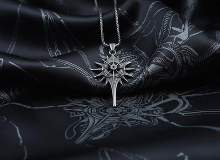 Solid sterling silver artisan navigator compass necklace, cyber goth jewelry.