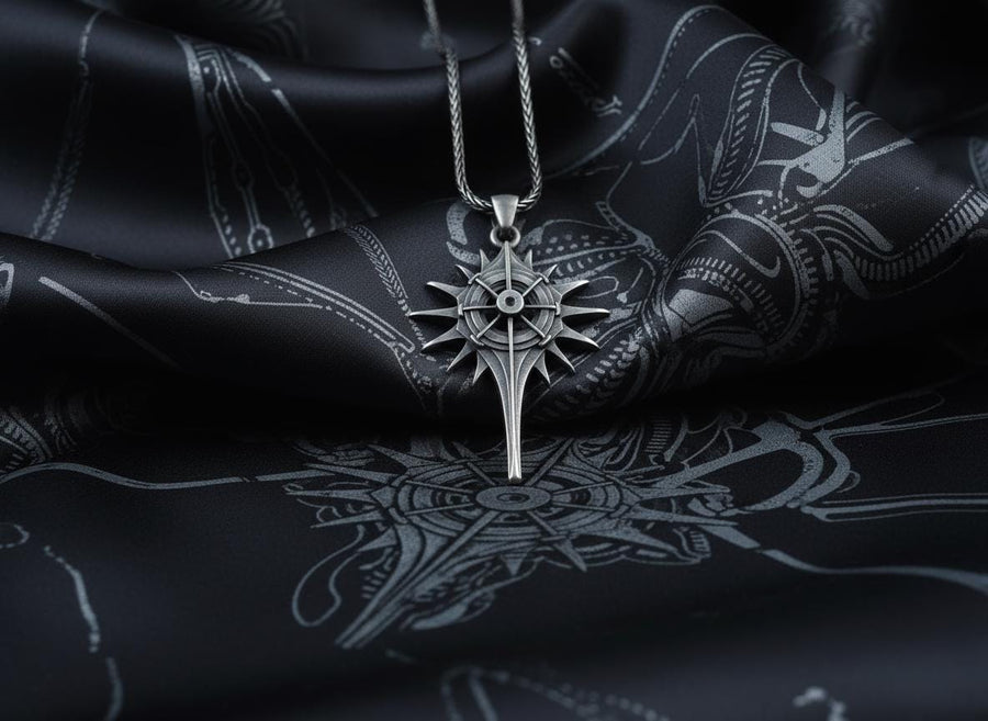 Man wearing a geometric dark fantasy starburst pendant on a silver chain against a black shirt. Celestial Star Silver Pendant for Men, Fantasy Compass Necklace, Gothic Sunburst Amulet, Sci-Fi Artifact, Oxidized Silver Navigator Jewelry
