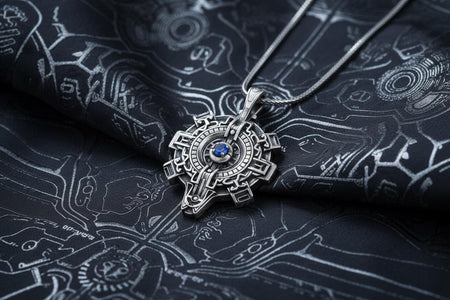 Unique cyber goth gear necklace for men, futuristic sci-fi jewelry with a customizable stone.