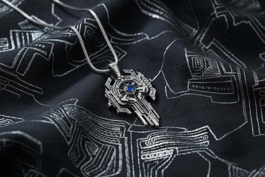 Front view of an oxidized silver sci-fi key necklace with a central blue stone isolated on white.