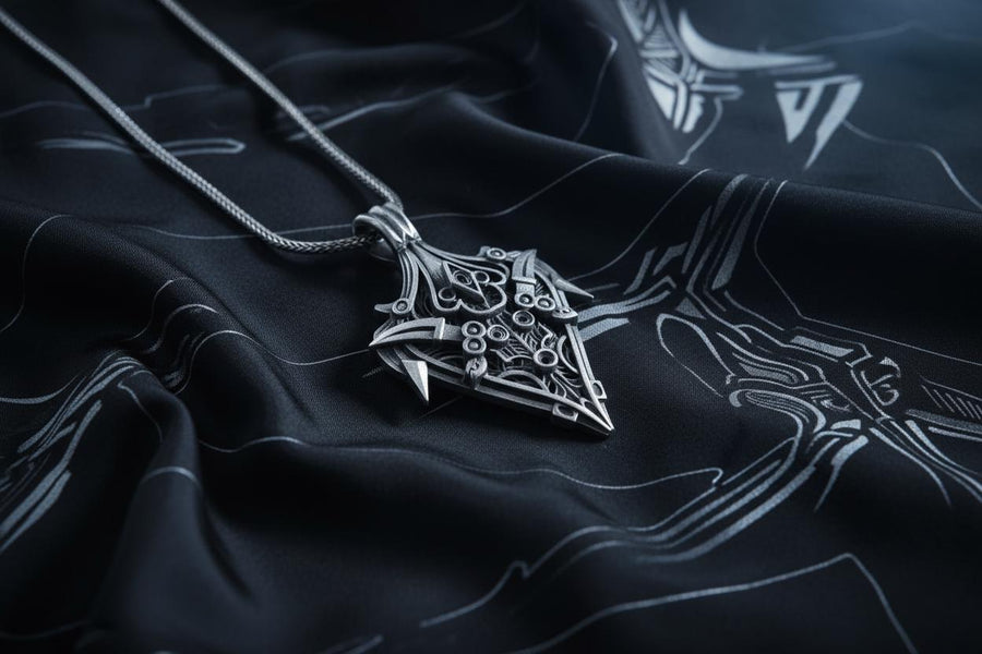 Dark fantasy shield design featuring sharp, armor-like blade accents and a spearhead silhouette.