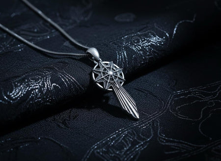 Gothic Sword Silver Pendant for Men, Star Compass Necklace, Dark Fantasy Paladin Amulet, Cyber Goth Artifact, Oxidized Silver Jewelry