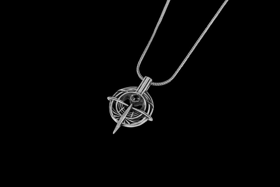 Cyberpunk Orbital Silver Pendant for Men, Sci-Fi Gyroscope Necklace, Techwear Armillary Sphere Amulet, Astrolabe Core, Cyber Goth Jewelry