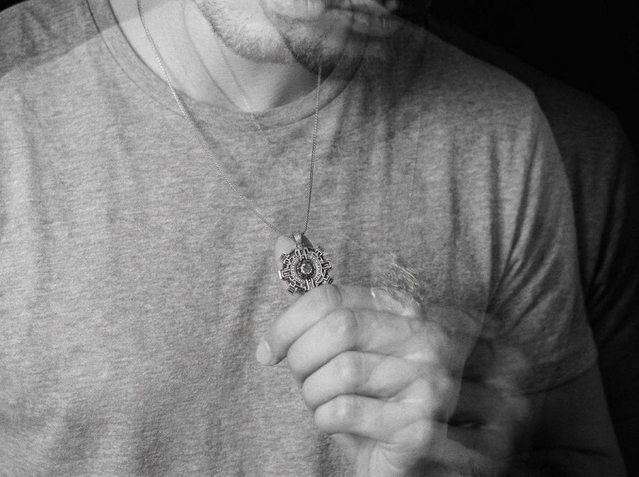 Unique cyber goth gear necklace for men, futuristic sci-fi jewelry with a customizable stone.