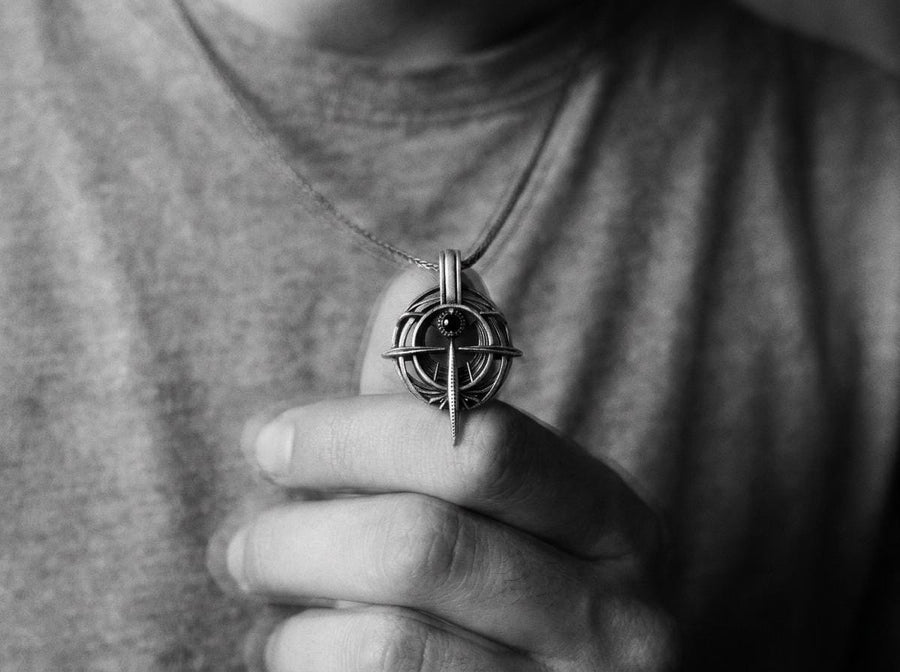 Cyberpunk Orbital Silver Pendant for Men, Sci-Fi Gyroscope Necklace, Techwear Armillary Sphere Amulet, Astrolabe Core, Cyber Goth Jewelry