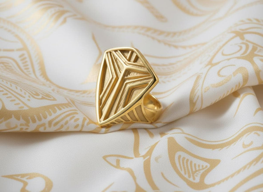 Channel the aesthetic of a high-tech future with this solid 925 sterling silver sci-fi shield ring. Designed with a sleek, low-profile silhouette, this minimalist signet features a sharp geometric crest anchored by deep, oxidized tri-line grooves.