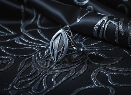 Dark Fantasy Trident Silver Ring for Men, Cyber Goth Armor Signet, Alien Leaf Band, Elven Armor Ring, Techwear Jewelry, Oxidized Silver