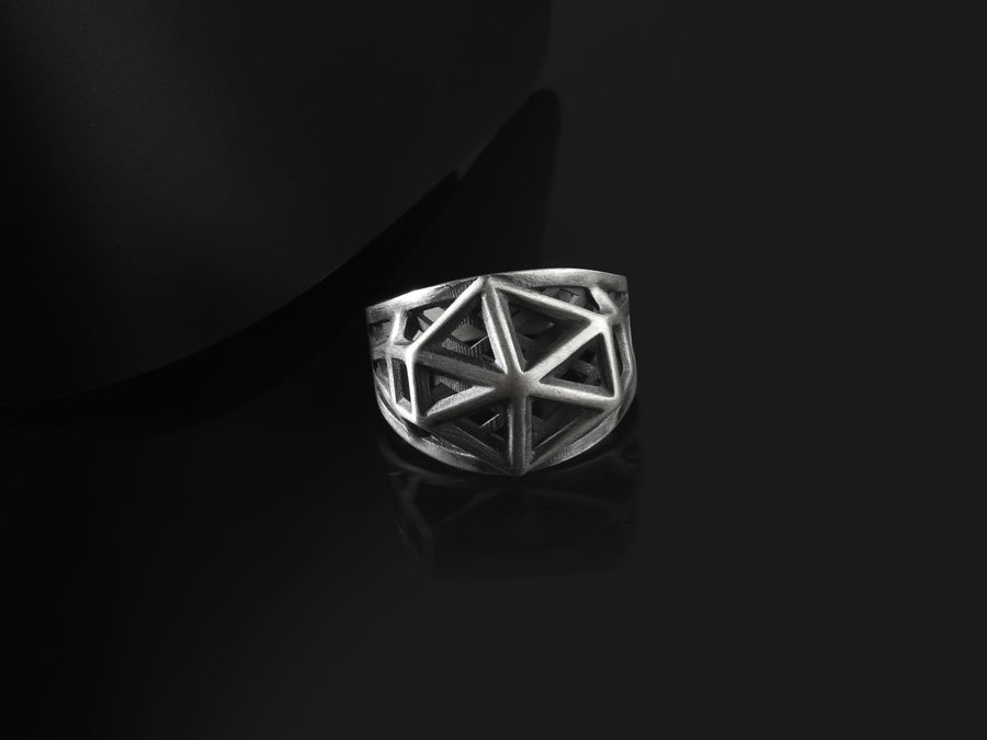 Sterling Silver Icosahedron Wireframe Ring, Brutalist Techwear Signet, Oxidized Polygon Band