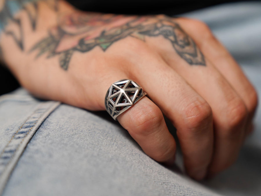 Sterling Silver Icosahedron Wireframe Ring, Brutalist Techwear Signet, Oxidized Polygon Band