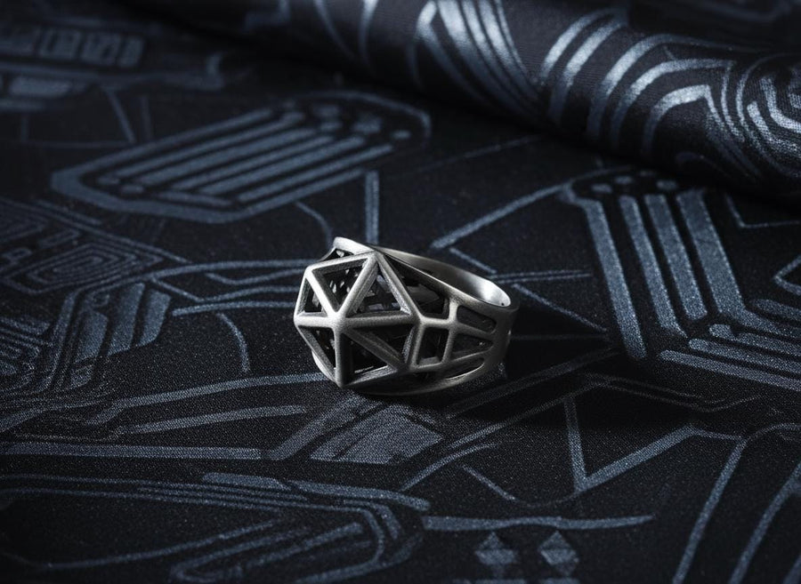 Sterling Silver Icosahedron Wireframe Ring, Brutalist Techwear Signet, Oxidized Polygon Band